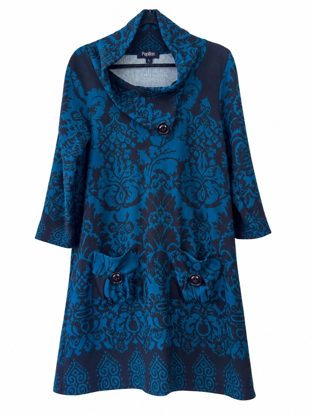Papillon Teal & Black Baroque Knit Tunic Dress Cowl Neck Size Large - Picture 3 of 8